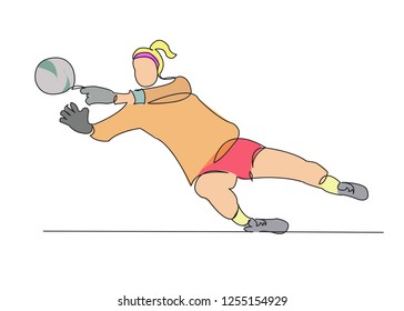 one continuous drawn line of a woman soccer player from a hand picture silhouette. Line art. girl goalkeeper color illustration of a character woman football player