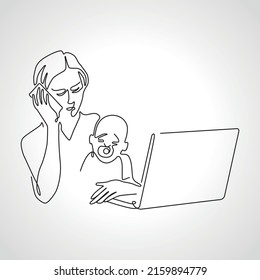 One continuous drawn line of a woman working in her home with a child on her hands painted by hand silhouette picture. Young mother work from home while holding her baby isolated on white background