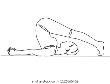 one continuous drawn line of yoga drawn from the hand picture silhouette. Line art. character female athlete