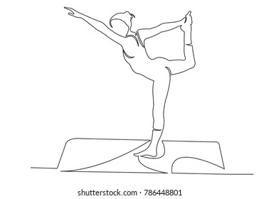 one continuous drawn line of yoga drawn from the hand picture silhouette. Line art. character female athlete
