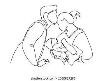 one continuous drawn line of a young couple with a newborn hand-drawn picture of a silhouette. Line art. character mommy's daddy and baby in the hospital. single line