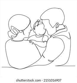 one continuous drawn line of a young couple with a newborn hand-drawn picture of a silhouette. Line art. character mommy's daddy and baby in the hospital. single line
