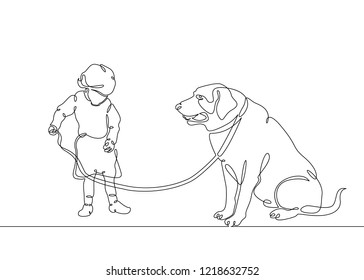 One continuous drawn single art line doodle sketch character is a nice little cute child, small child, sweet baby. Children's character with a dog on a leash, walk