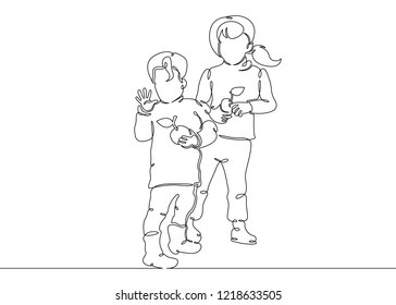 One continuous drawn single art line doodle sketch character is a nice little cute child, small child, sweet baby. Kids characters with fruits, apples