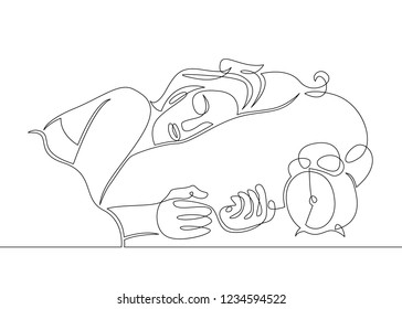 One continuous drawn single art line doodle sketch character girl woman sleep wakes up morning alarm clock