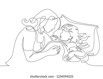 One continuous drawn single art line doodle sketch character mother wakes up daughter  mother sleeps and baby