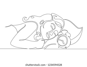 One continuous drawn single art line doodle sketch character girl woman sleep wakes up morning alarm clock