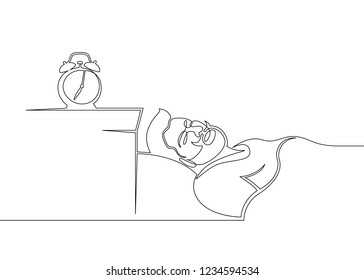 One continuous drawn single art line doodle sketch character man sleeps waking up morning alarm clock