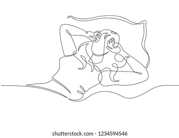 One continuous drawn single art line doodle sketch character girl woman wakes up in bed