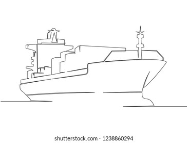 One continuous drawn single art  line  doodle  drawing  sketch cargo transport ship. Concept of global container transport, logistics of export and import of international transport.