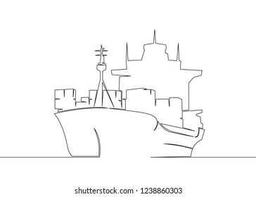 One Continuous Drawn Single Art  Line  Doodle  Drawing  Sketch Cargo Transport Ship. Concept Of Global Container Transport, Logistics Of Export And Import Of International Transport.