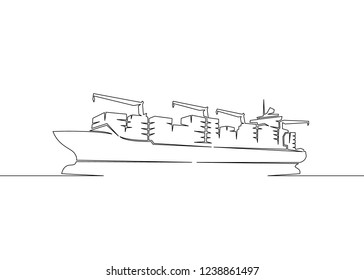 One Continuous Drawn Single Art  Line  Doodle  Drawing  Sketch Cargo Transport Ship. Concept Of Global Container Transport, Logistics Of Export And Import Of International Transport.