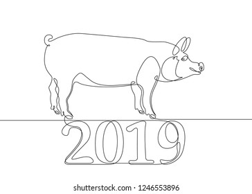 One continuous drawn single art  line  doodle  drawing  sketch Chinese calendar pig boar 2019