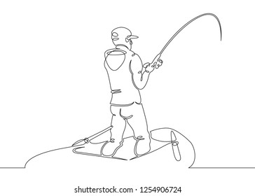 One continuous drawn single art  line  doodle  drawing  sketch fisherman, morning, cast, throw