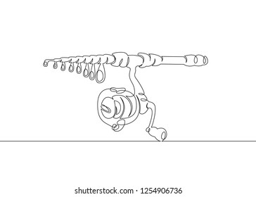 One continuous drawn single art  line  doodle  drawing  sketch fishing rod, spinning rod, reel, tackle