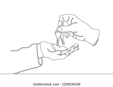 One continuous drawn single art line doodle sketch realtor hands symbol keys house. The concept of real estate sales