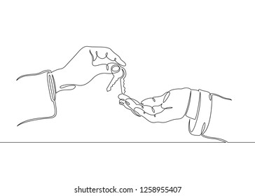 One continuous drawn single art line doodle sketch realtor hands symbol keys house. The concept of real estate sales