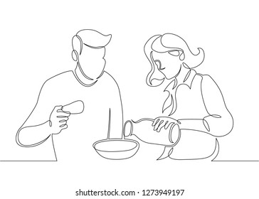 One continuous drawn single art line doodle sketch character joint tomorrow, family breakfast, meal, couple in love