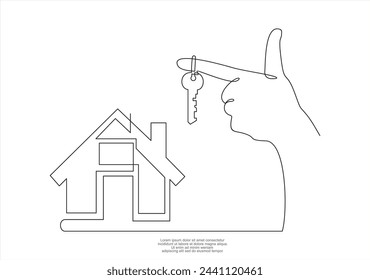 One continuous drawn single art line doodle sketch realtor hands symbol keys house. The concept of real estate sales