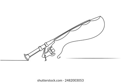 One continuous drawn single art line sketch fishing rod, spinning rod, reel, tackle, Continuous one line drawing of a fish on a rod. Fishing hobby concept. Simple vector illustration,