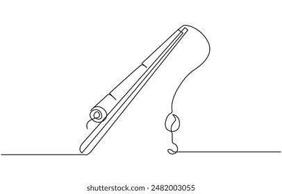 One continuous drawn single art line sketch fishing rod, spinning rod, reel, tackle, Continuous one line drawing of a fish on a rod. Fishing hobby concept. Simple vector illustration,