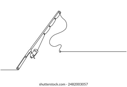 One continuous drawn single art line sketch fishing rod, spinning rod, reel, tackle, Continuous one line drawing of a fish on a rod. Fishing hobby concept. Simple vector illustration,