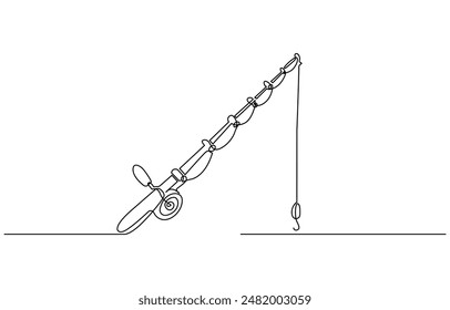 One continuous drawn single art line sketch fishing rod, spinning rod, reel, tackle, Continuous one line drawing of a fish on a rod. Fishing hobby concept. Simple vector illustration,