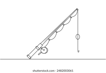 One continuous drawn single art line sketch fishing rod, spinning rod, reel, tackle, Continuous one line drawing of a fish on a rod. Fishing hobby concept. Simple vector illustration,