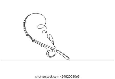 One continuous drawn single art line sketch fishing rod, spinning rod, reel, tackle, Continuous one line drawing of a fish on a rod. Fishing hobby concept. Simple vector illustration,