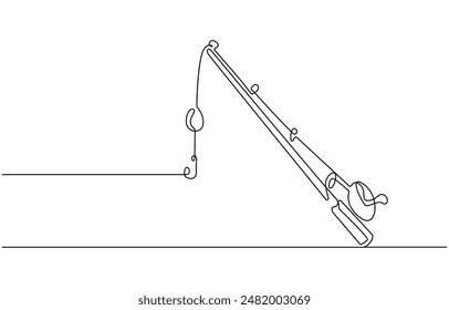 One continuous drawn single art line sketch fishing rod, spinning rod, reel, tackle, Continuous one line drawing of a fish on a rod. Fishing hobby concept. Simple vector illustration,