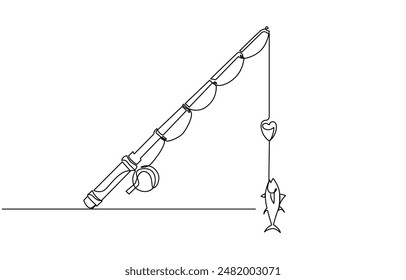 One continuous drawn single art line sketch fishing rod, spinning rod, reel, tackle, Continuous one line drawing of a fish on a rod. Fishing hobby concept. Simple vector illustration,