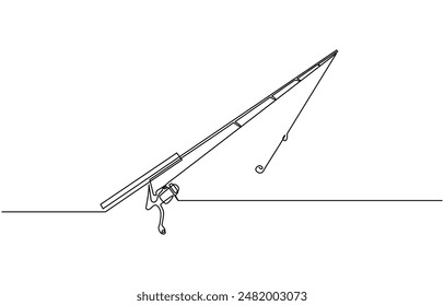 One continuous drawn single art line sketch fishing rod, spinning rod, reel, tackle, Continuous one line drawing of a fish on a rod. Fishing hobby concept. Simple vector illustration,