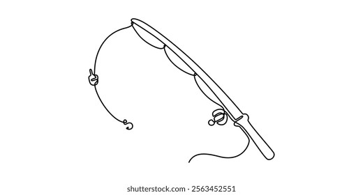 One continuous drawn single art line sketch fishing rod, spinning rod, reel, tackle, Continuous one line drawing of a fish on a rod. Fishing hobby concept. Simple vector illustration, Minimalist style