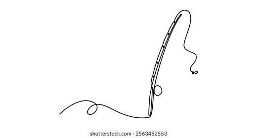 One continuous drawn single art line sketch fishing rod, spinning rod, reel, tackle, Continuous one line drawing of a fish on a rod. Fishing hobby concept. Simple vector illustration, Minimalist style