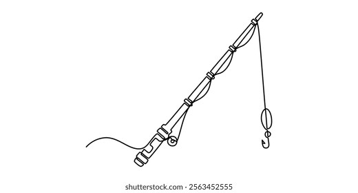 One continuous drawn single art line sketch fishing rod, spinning rod, reel, tackle, Continuous one line drawing of a fish on a rod. Fishing hobby concept. Simple vector illustration, Minimalist style