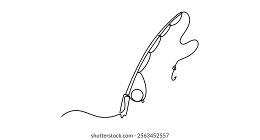 One continuous drawn single art line sketch fishing rod, spinning rod, reel, tackle, Continuous one line drawing of a fish on a rod. Fishing hobby concept. Simple vector illustration, Minimalist style