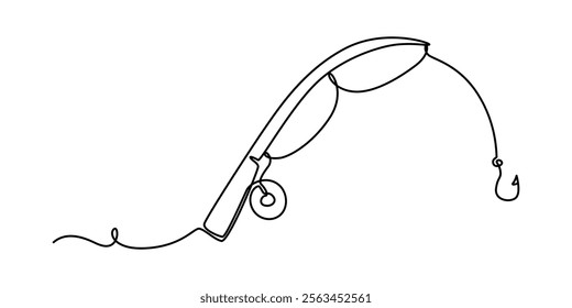 One continuous drawn single art line sketch fishing rod, spinning rod, reel, tackle, Continuous one line drawing of a fish on a rod. Fishing hobby concept. Simple vector illustration, Minimalist style