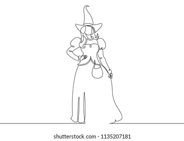 One continuous drawn single line of a witch halloween. Autumn holiday Halloween, magic, horror, fairy tale, magic characters, celebration, costume, woman, party, witchcraft, dark, silhouette, mystery.