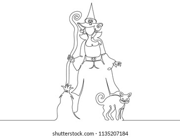 One continuous drawn single line of a witch halloween with a broom and cat. Autumn holiday Halloween, magic, horror, fairy tale, magic characters, celebration, costume, woman fantasy
