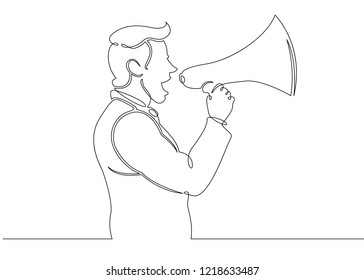 One continuous drawn single line art line of a doodle sketch character speaking with  megaphone, announcement, warning, note, notification, promotion, advertisement, communication concept. 