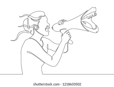 One continuous drawn single line art line of a doodle sketch character speaking with  megaphone, announcement, warning, note, notification, promotion, advertisement, communication concept. 