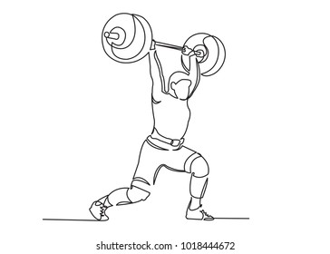 one continuous drawn weightlifter line drawn from the hand a picture of the silhouette. Line art. character male athlete lifting barbell