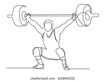 one continuous drawn weightlifter line drawn from the hand a picture of the silhouette. Line art. character male athlete lifting barbell