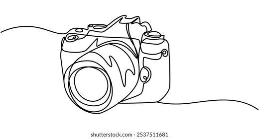 One continuous editable line drawing of a professional camera. Line vector illustration, Photo camera in continuous one line art drawing, Modern camera continuous one line drawing. Isolated on white