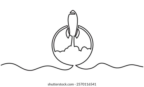 One continuous editable line drawing of a retro spaceship flying upwards. Rocket space ship launch into universe concept Vector illustration