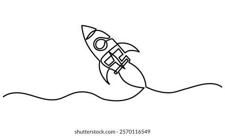 One continuous editable line drawing of a retro spaceship flying upwards. Rocket space ship launch into universe concept Vector illustration