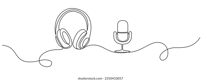 One continuous editable linear microphone and headphone template.  Podcast, sound radio in line art style. Vector illustration