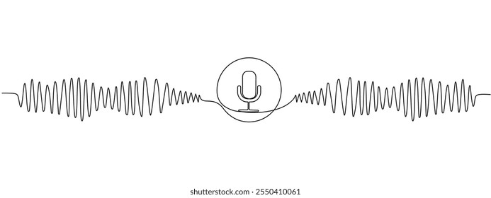 Eine kontinuierlich bearbeitbare Soundbar-Vorlage für lineare Musikwiedergabe mit Mikrofon-Taste.   Klangwelle, Podcast im Line Art Stil. Vektorgrafik