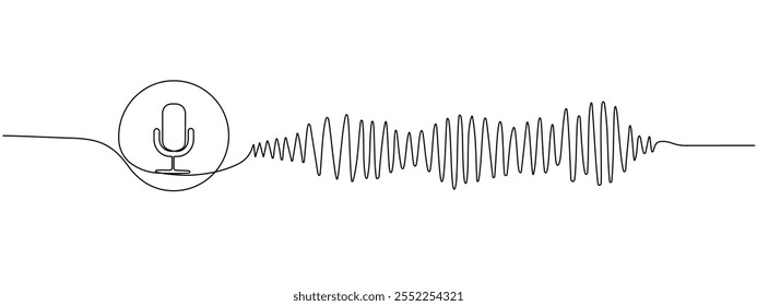 Eine kontinuierlich bearbeitbare Soundbar-Vorlage für lineare Musikwiedergabe mit Mikrofon-Taste. Aufnahme von Ton und Klangwelle im Line Art Stil. Vektorgrafik