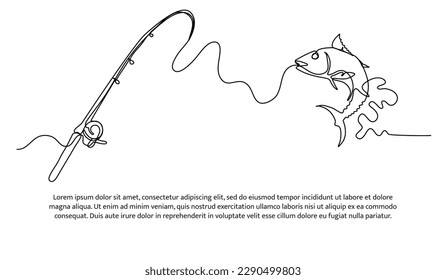 One continuous fishing line. Line drawing of a fish hit by a fishing hook. Minimalist style vector illustration on white background.